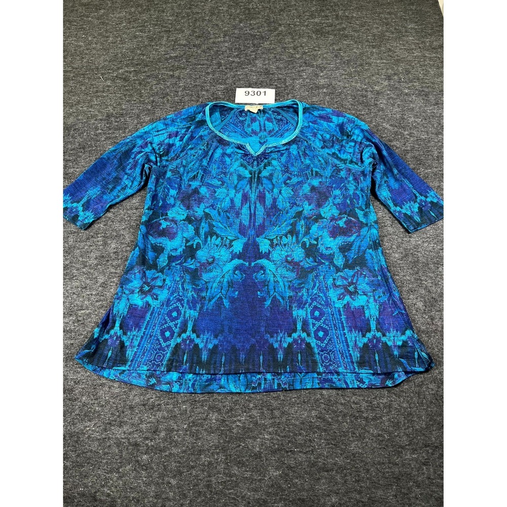 Energe Blouse Top Womens 1X Blue Floral Stretch Split Neck Casual‎ Outdoor